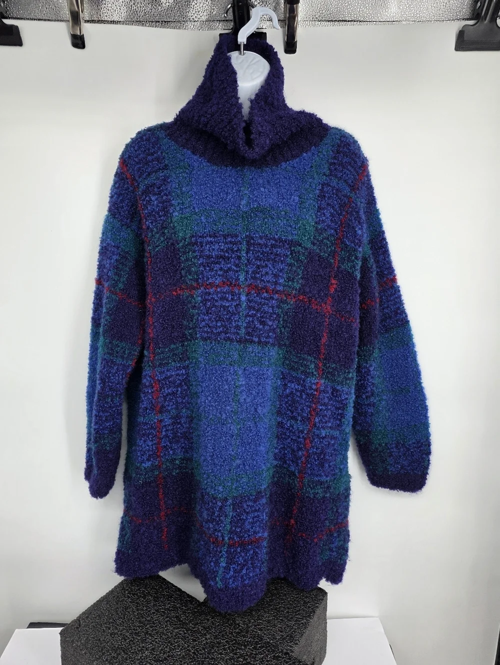 VTG Jones New York Mohair Wool Plaid Sweater M Chunky Knit Tunic Turtleneck Blue